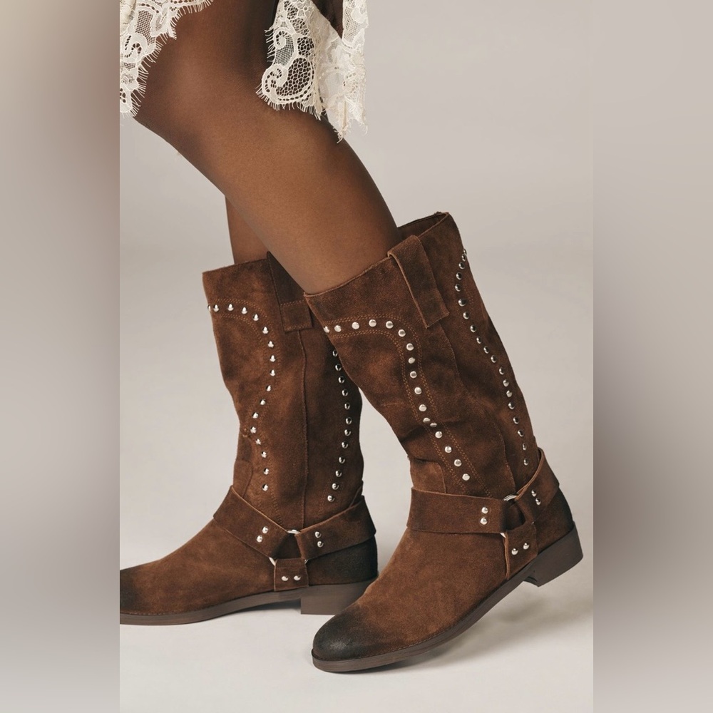 NIB BibiLou / Anthropologie Suede Western Studded Moto Boots EU 40 / US 9-9.5